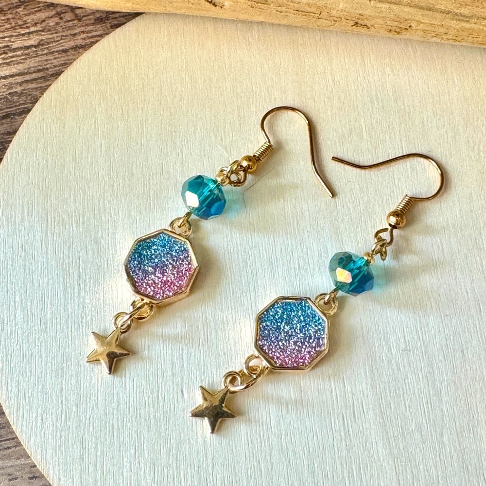 Fairycore Pink and Blue Earrings with stars.